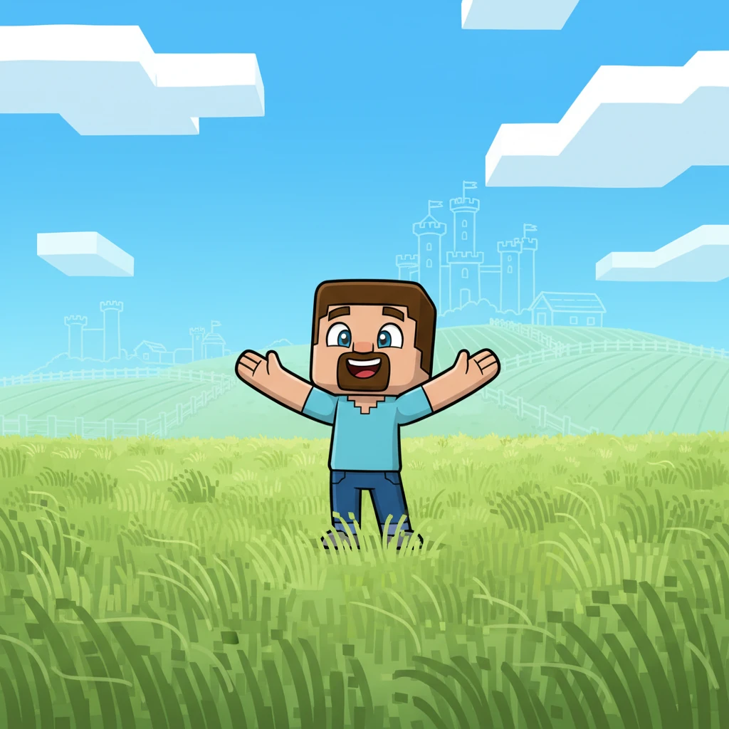 Bob then explored wide, open plains stretching as far as his blocky eyes could see, under a bright blue sky with fluffy square clouds. He marveled at the endless possibilities for building, imagining giant castles and sprawling farms. The wind whispered through the tall, pixelated grass, inviting him to dream bigger than ever before.