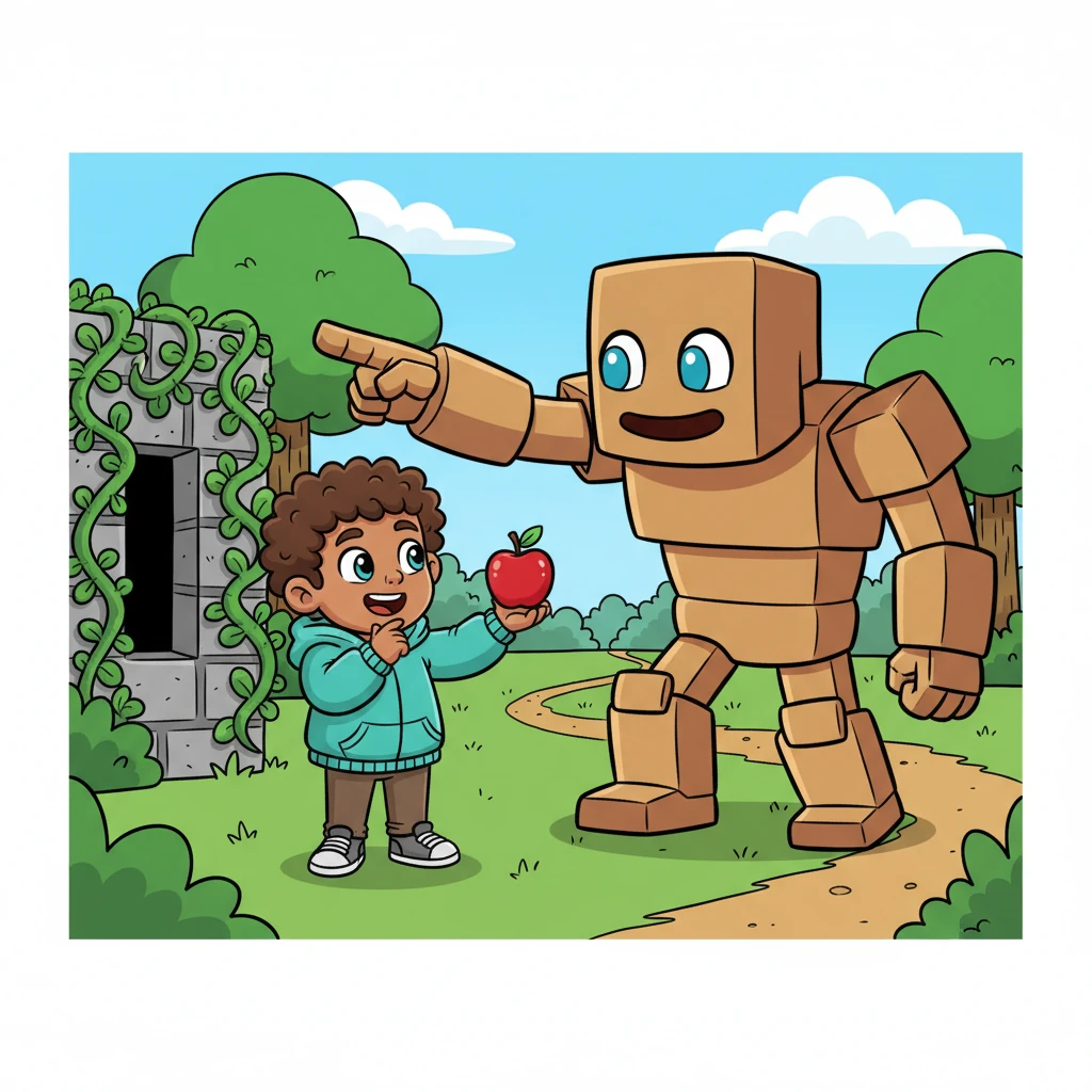 Suddenly, a friendly Iron Golem, with its big, kind eyes and blocky body, lumbered into view, offering Bob a shiny red apple. The Golem pointed a large, blocky finger towards a hidden path, overgrown with vines. Bob giggled, realizing that even in a world of blocks, friends could help him find new adventures.