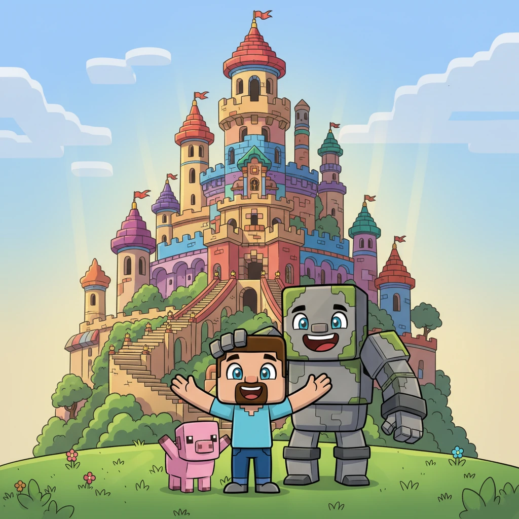 When his magnificent creation was complete, Bob invited his new Golem friend and the cheerful block-pig to visit. They gasped in awe at the colorful castle, their expressive faces beaming with delight. Sharing his masterpiece made the building even more special, a joyful experience for everyone.
