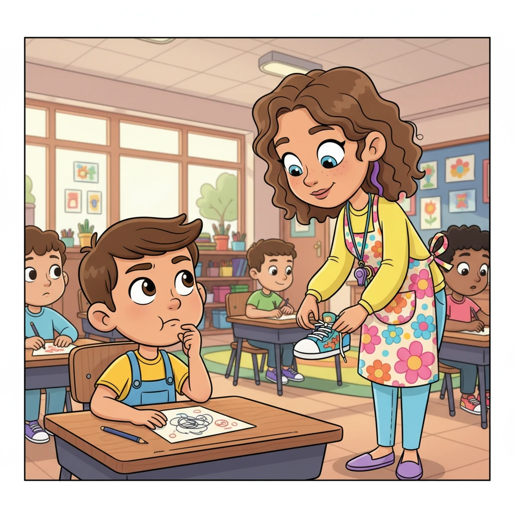 Leo, a small, energetic boy with a bright yellow shirt, sits at his desk, a slightly crumpled drawing in front of him. He bites his lip, looking puzzled, really wanting to ask his teacher for help. Across the room, his kind teacher, Miss Lily, with a cheerful floral apron, is leaning down, gently helping another student tie a very elaborate shoelace, completely focused on their task.