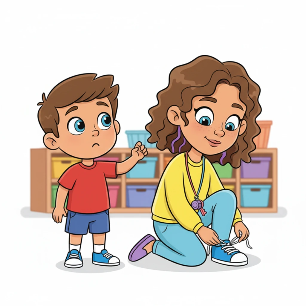 Leo’s hand, a tiny cartoon limb, hovers just inches from Miss Lily’s shoulder, his fingers wiggling with impatience. His eyes are wide with an urgent question, but he pauses, remembering something important. Miss Lily is still engrossed in the shoelace saga, her back slightly turned, unaware of Leo’s near-tap.