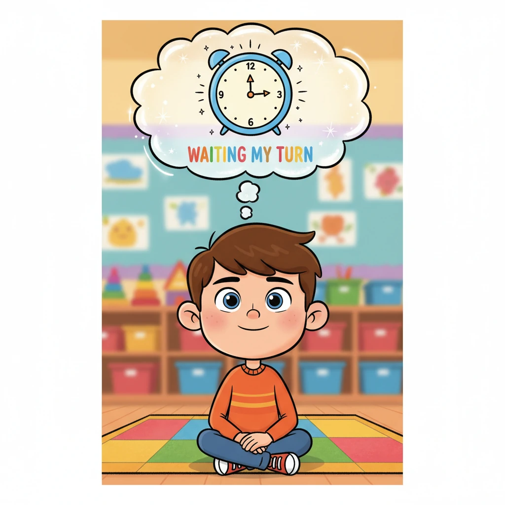 Leo sits up straight, his chest puffed out slightly, a proud little smile playing on his lips. His hands are folded neatly in his lap, a clear sign he’s practicing patience. A sparkly thought bubble shows a tiny clock ticking, emphasizing the idea of "waiting my turn."