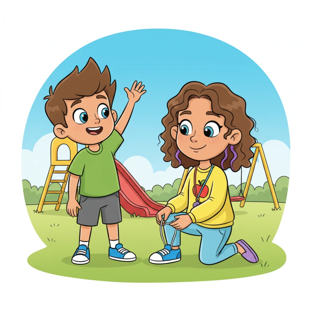 When Miss Lily finally finishes with the shoelace, Leo raises his hand high, his arm a bold, clean arc in the air. His face is bright and eager, but his posture is calm. He waits for her to notice him, ready to politely ask for help.