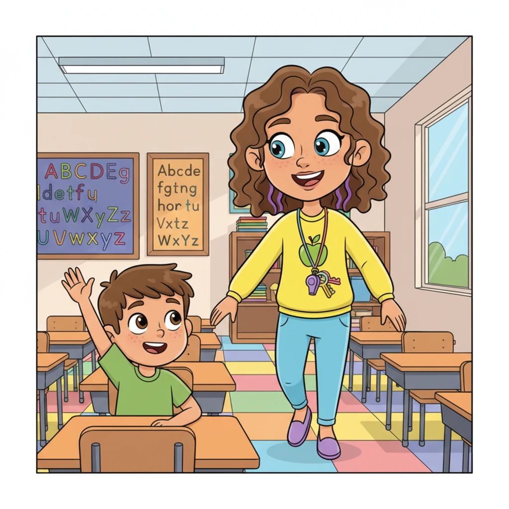 Miss Lily sees Leo’s raised hand and her face lights up with a warm, friendly smile. She walks over to his desk with a graceful stride. Leo’s eyes sparkle, knowing his patience is about to pay off.