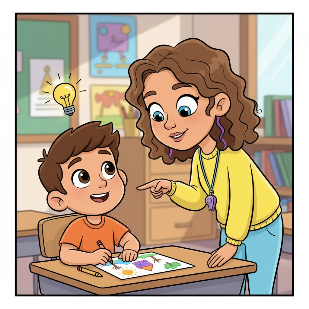 Miss Lily is now leaning over Leo’s desk, her finger pointing gently at his drawing, offering kind advice. Leo beams, completely engaged and understanding her instructions. A tiny light bulb appears above his head, signifying a moment of learning and connection.