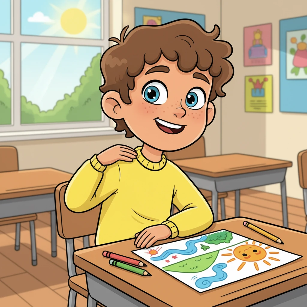 Later, Leo sits at his desk, his drawing now looking much better, a big, happy sun shining in the corner. He gives himself a pat on the back, feeling proud of his new skill. He knows that waiting his turn is a super power.