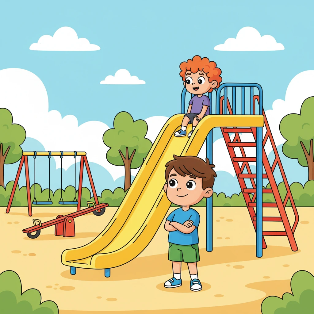 The next day, Leo is in the playground, wanting to use the slide. Another child is taking a long time. Leo, instead of pushing, patiently stands in line, a confident grin on his face, knowing exactly how to wait his turn.