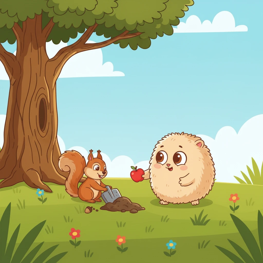 Pip bravely stepped out, holding a tiny, bright red apple. They saw a busy squirrel burying nuts near a tall oak tree. Pip wanted to say hello but felt a little shy, their cheeks turning a soft pink.