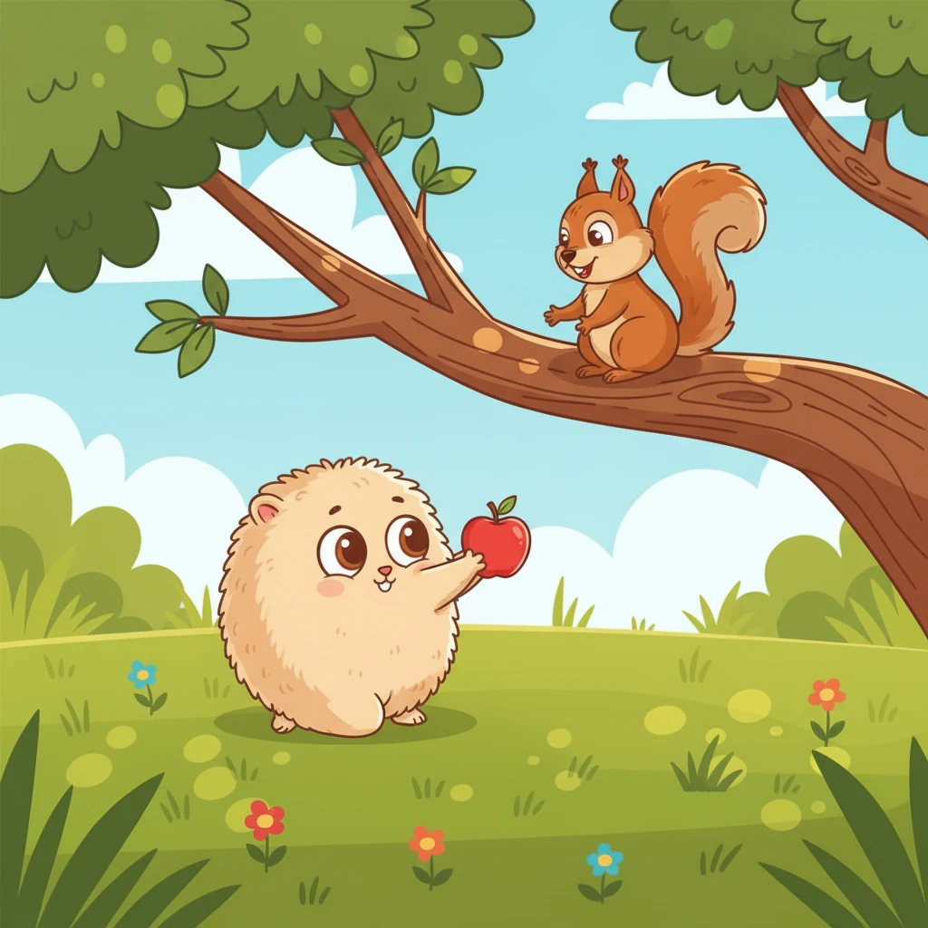 With a gentle 'Squeak!' Pip offered the apple to the squirrel. The squirrel, surprised but delighted, chattered happily and took the apple. They shared a friendly moment, a tiny bridge built between them.