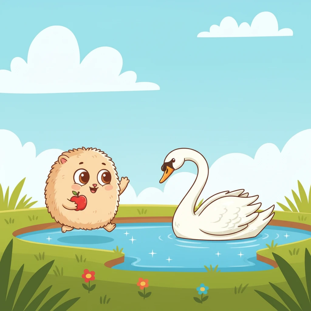 Next, Pip bounced towards a sparkling blue pond. A graceful swan was gliding by, its feathers shimmering. Pip, feeling a bit braver, waved a small paw. The swan dipped its head in a friendly greeting.