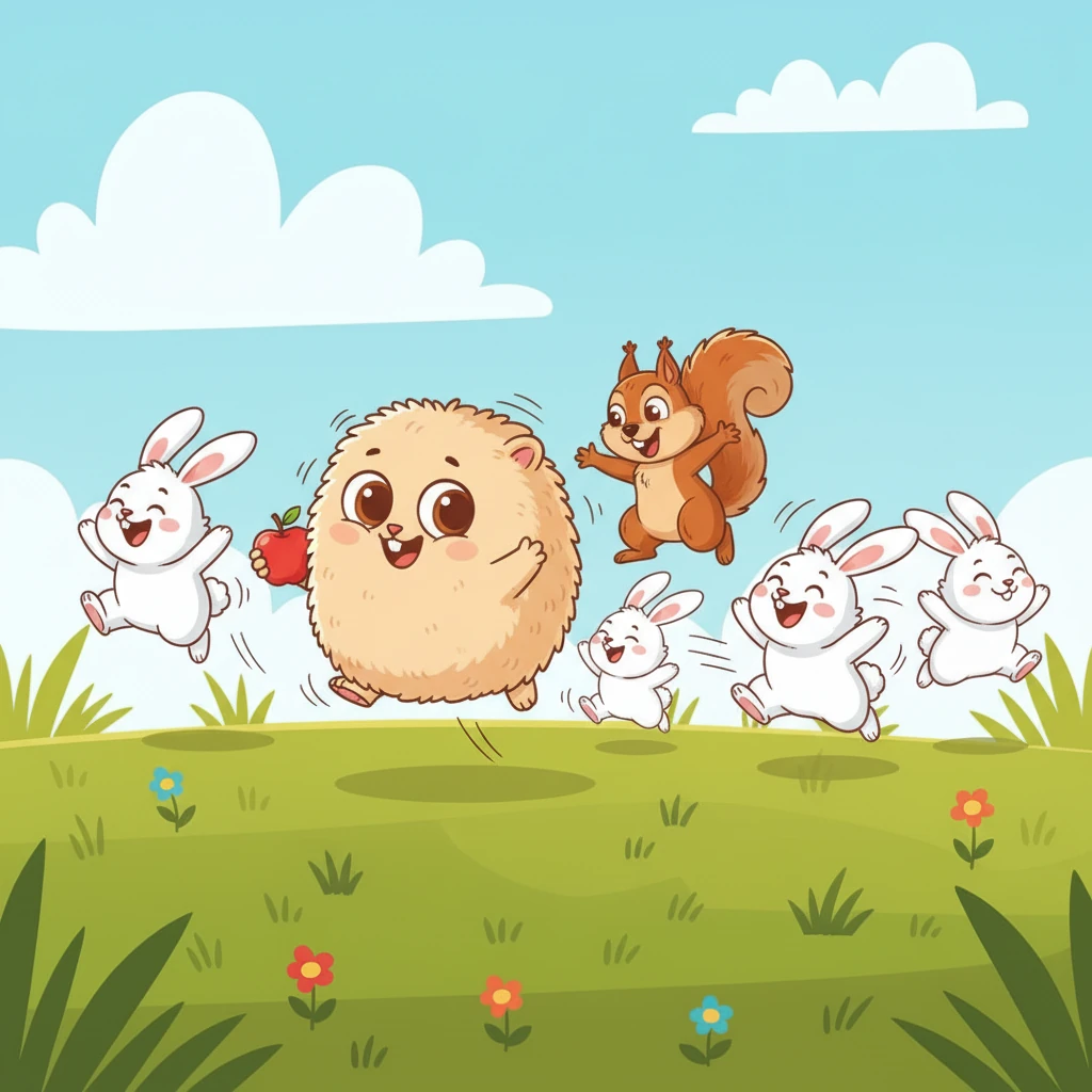 Pip then spotted a family of fluffy bunnies hopping through a field of wildflowers. They were playing a game of chase. Pip giggled and joined in, hopping along, making the bunnies laugh with their funny bounces.
