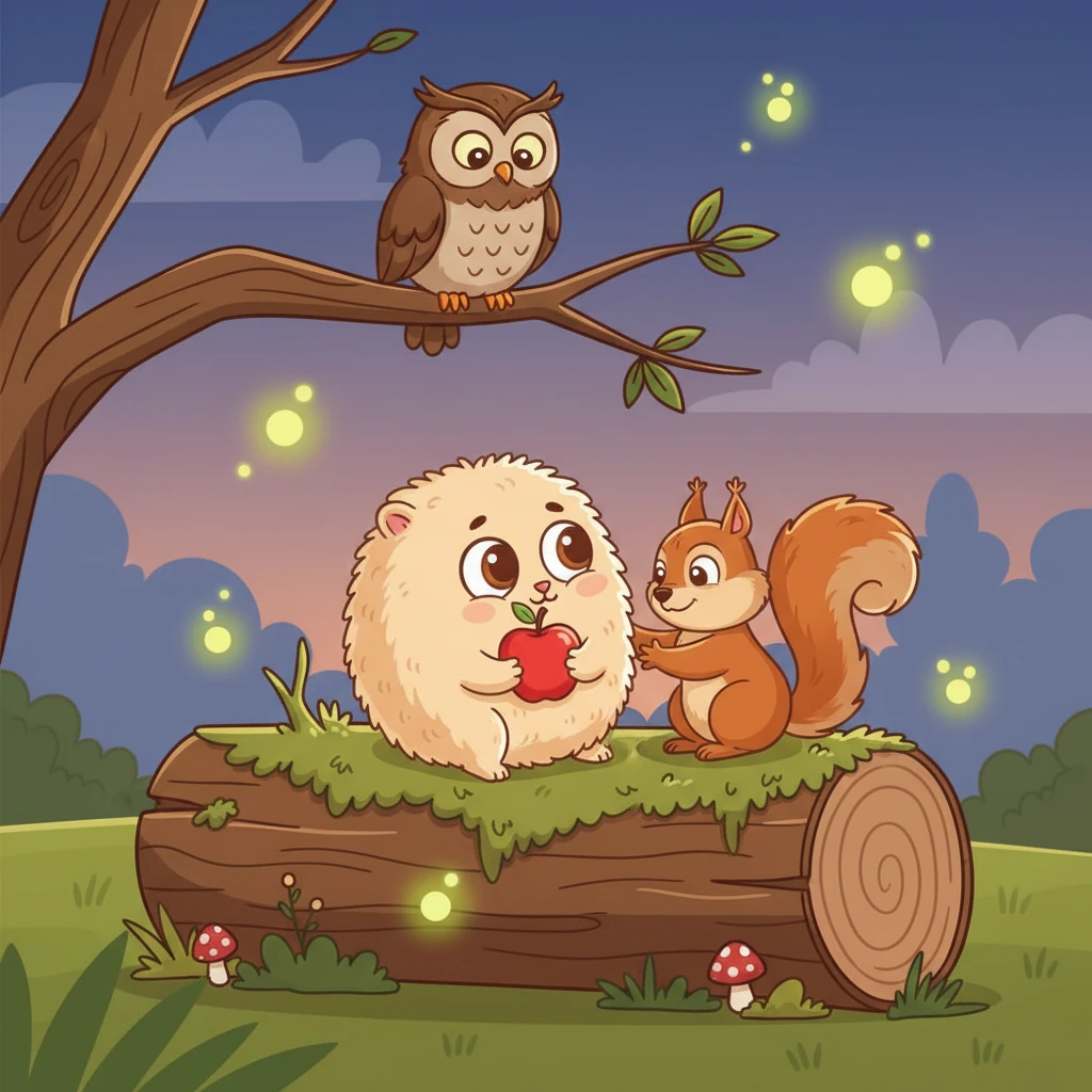 As evening approached, Pip sat on a mossy log, watching fireflies begin to glow. A wise old owl hooted softly from a nearby branch. Pip looked up, feeling peaceful and content after a day of new connections.