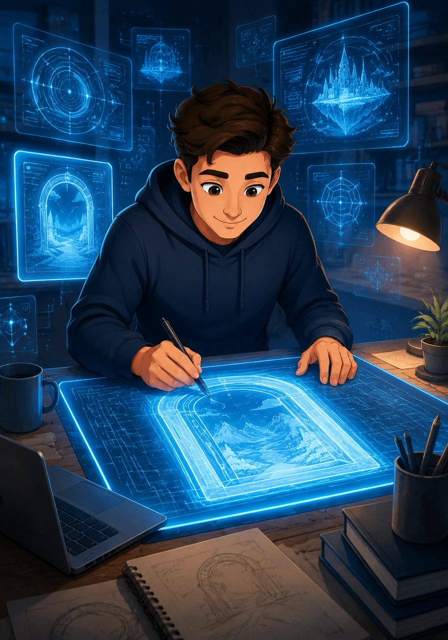 Alex sits at a glowing desk in a room filled with floating holographic screens and blueprints. They are sketching the design for a new digital window, a portal that will allow people to interact with a hidden world of knowledge.