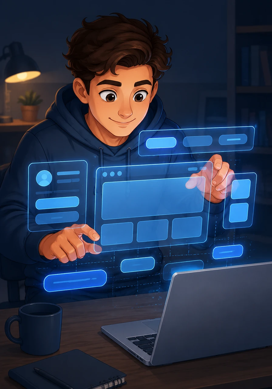 With focused concentration, Alex begins to build the Graphical User Interface, or GUI. Soft blue buttons and sleek navigation bars start to take shape in the air, shimmering with a gentle light as they are carefully positioned.