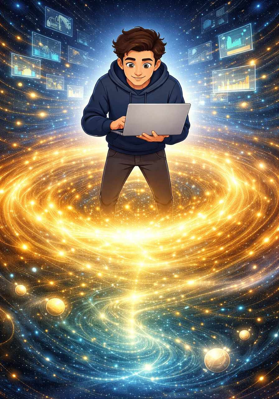 Beneath the floating interface lies a swirling nebula of golden light, representing the vast database. It is a deep ocean of stored memories and facts, waiting for a way to be reached and shared with the world.