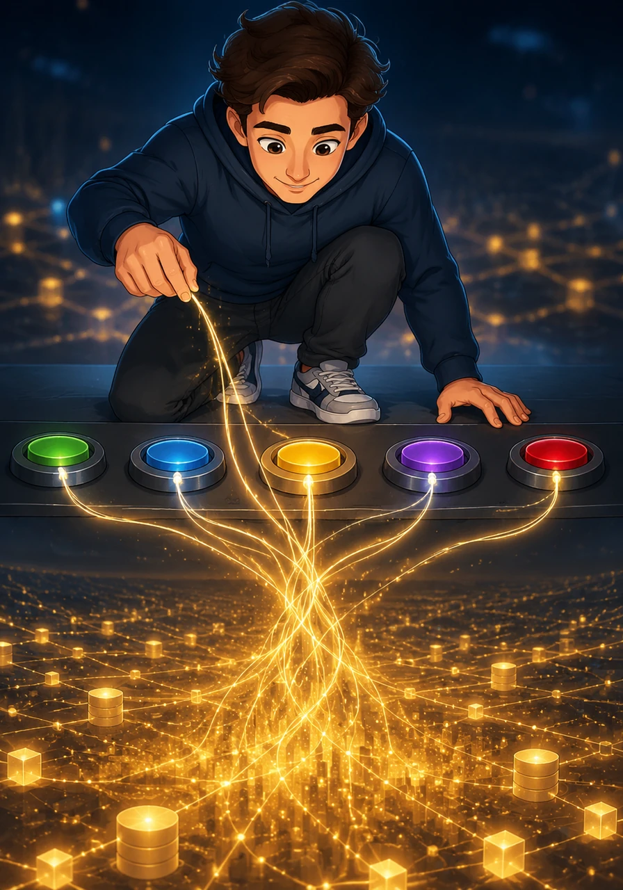 Alex reaches out and begins weaving glowing threads of logic, extending them from the sleek buttons down toward the golden data ocean. These threads represent the backend connection, the invisible bridge that will carry information back and forth.