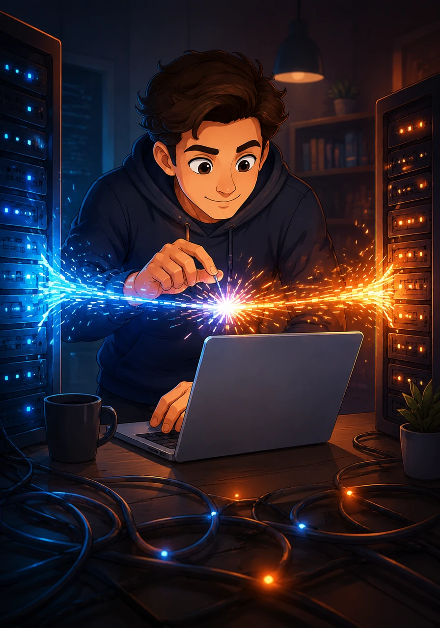 The first connection attempt creates a shower of digital sparks as Alex fine-tunes the code. They carefully adjust the parameters, ensuring that the bridge is strong enough to handle the flow of information without breaking.