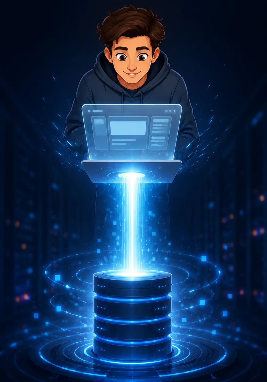 Suddenly, a solid beam of light locks into place, firmly linking the front-end interface to the deep database below. The air hums with a steady energy as the connection stabilizes, turning the bridge from a flickering thread into a sturdy path.