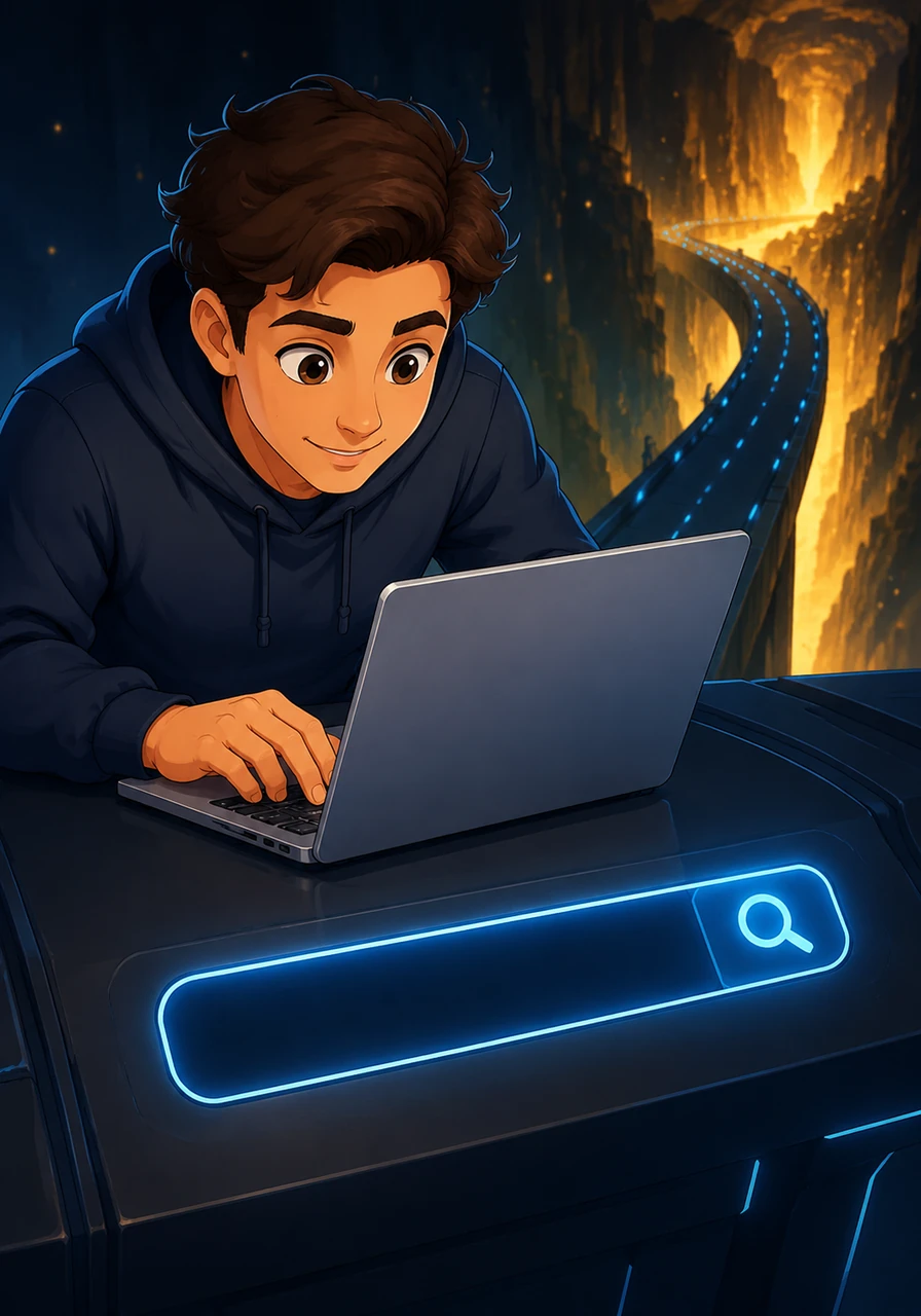 Alex leans forward and types a single word into the newly created search bar. The letters glow brightly against the dark interface, ready to travel down the bridge and seek out answers from the golden depths.