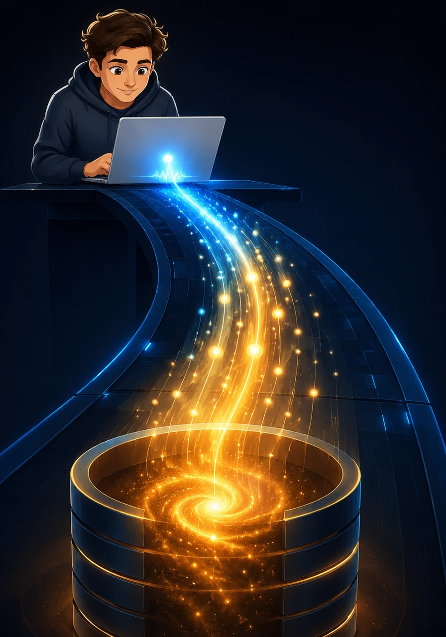 Like a pulse of light, the request travels down the bridge and into the database, stirring the golden nebula. A moment later, a stream of relevant data points begins to rise, traveling back up the connection toward the interface.