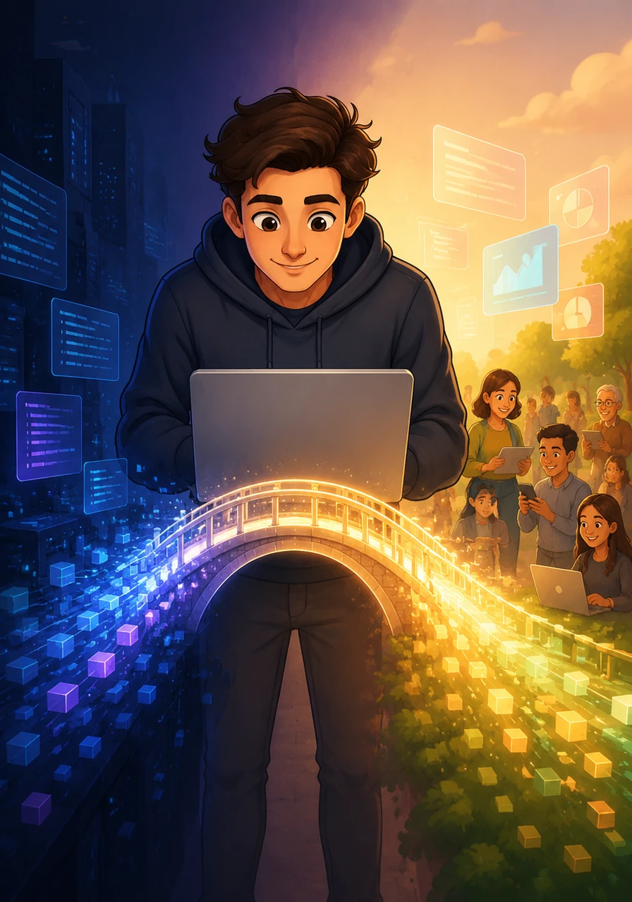 With a satisfied smile, Alex watches as the system operates perfectly, turning complex code into a simple and elegant experience. The bridge is complete, and the world of data is finally open for everyone to explore and enjoy.