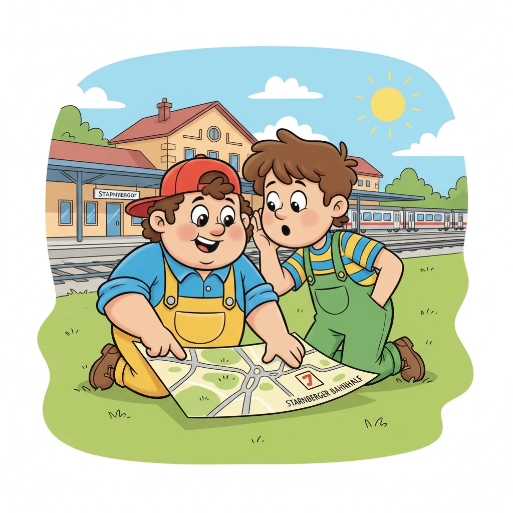 With a mischievous glint in their eyes, Heinzi and Max huddled together, whispering their grand plan. "Imagine the sound!" Heinzi exclaimed, pointing towards the train station on their map. They decided the Starnberger Bahnhof tracks would be the perfect stage for their exciting experiment.