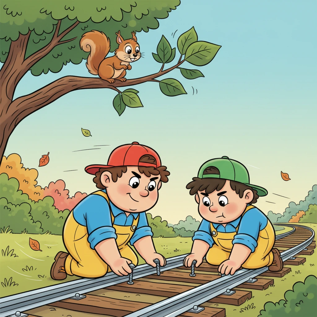 Under the watchful eye of a curious squirrel, Heinzi and Max carefully placed the small, round rivets onto the gleaming train tracks. They worked quickly and quietly, their hearts thumping with anticipation for the loud surprise they were about to unleash. A playful breeze rustled the leaves around them.