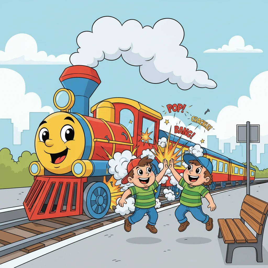 WHOOSH! BANG! CRACKLE! A big, colorful train roared down the tracks, and as its wheels rolled over the hidden rivets, a spectacular series of pops and bangs echoed through the station! Heinzi and Max jumped with joy, high-fiving as they watched their noisy prank unfold perfectly. Steam puffed playfully from the train's engine.