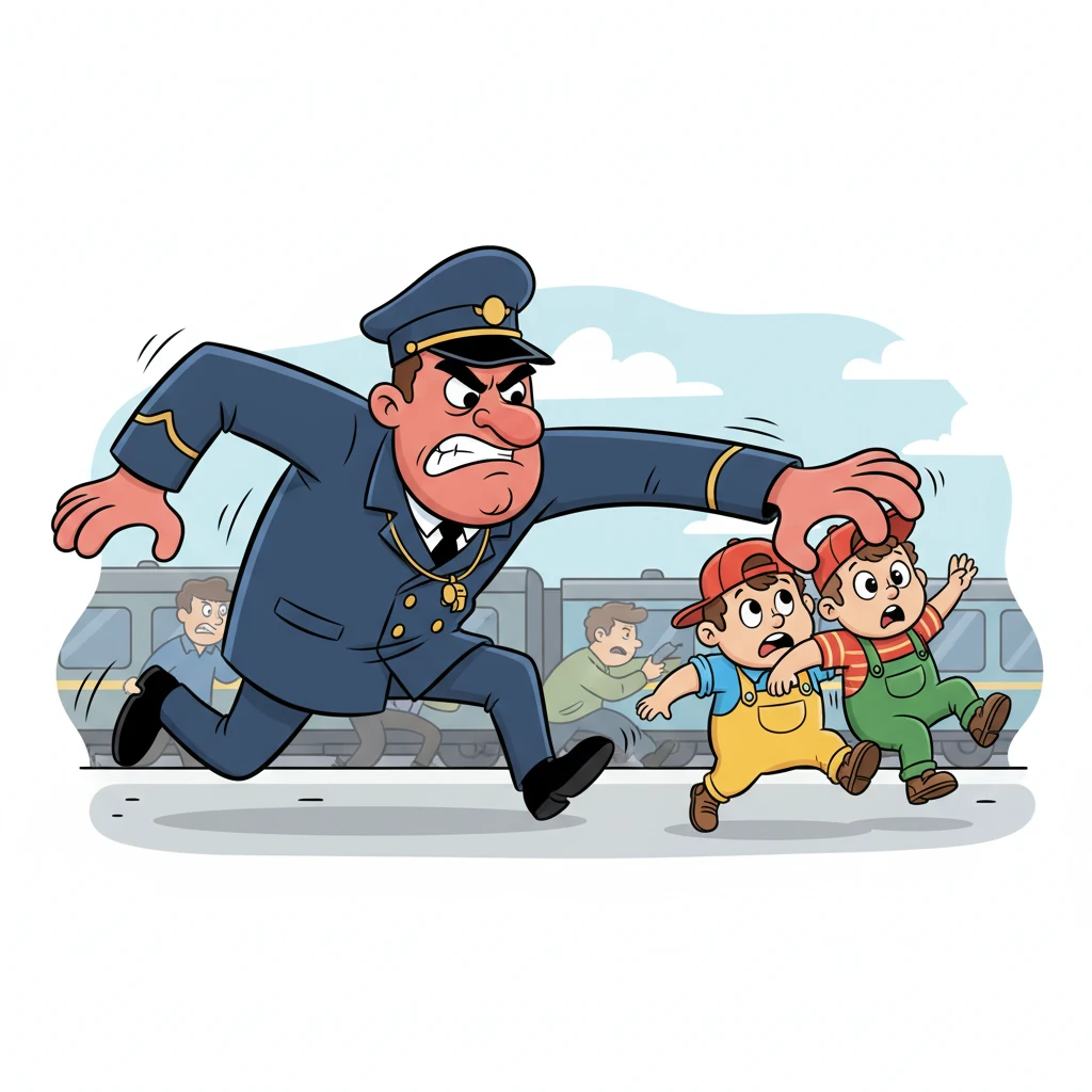 Their celebration was cut short as a very stern-looking Station Master, with a comically exaggerated red face, came charging towards them like a furious locomotive. Heinzi and Max tried to scamper away, but it was no use; the Station Master's long arm reached out and scooped them up, looking very displeased.