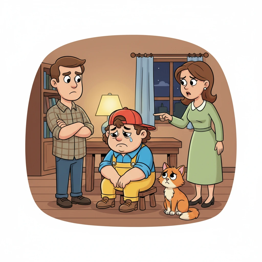 Later that evening, a very unhappy Heinzi sat slumped on a stool at home, getting a stern talking-to from his parents. His mom's finger was wagging, and his dad looked very serious, making Heinzi's good mood completely disappear. Even the family cat looked disappointed, adding to Heinzi's woes.