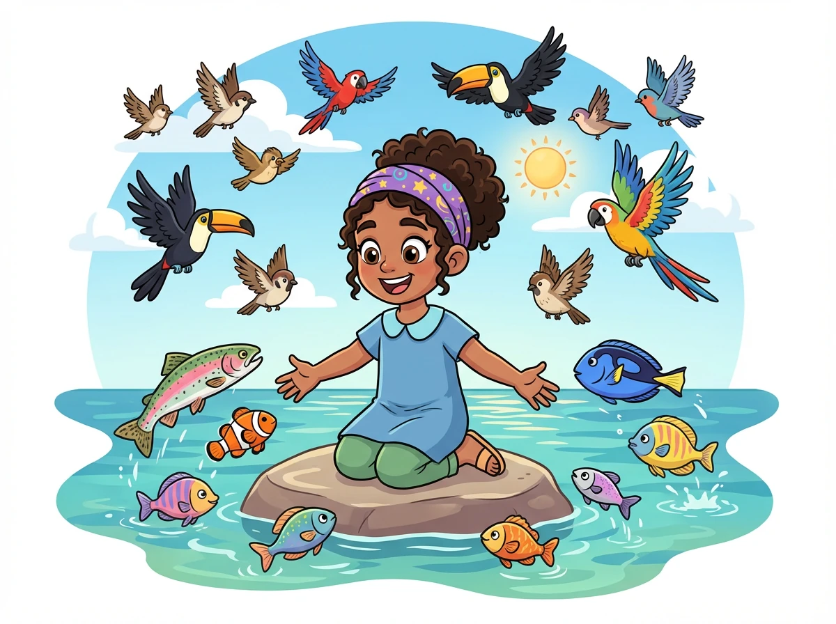 Dios dijo: «¡Que las aguas se llenen de seres vivientes y que las aves vuelen sobre la tierra!». Y Dios creó peces de todos los colores y aves de todas las formas y tamaños.