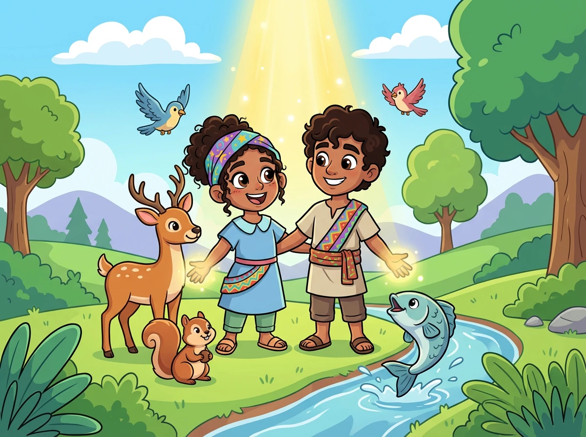 Finalmente, Dios dijo: «¡Hagamos al ser humano a nuestra imagen, para que domine sobre los peces, las aves y todos los animales!». Y Dios creó a Crea y a su compañero, bendiciéndolos para que cuiden de toda la creación.