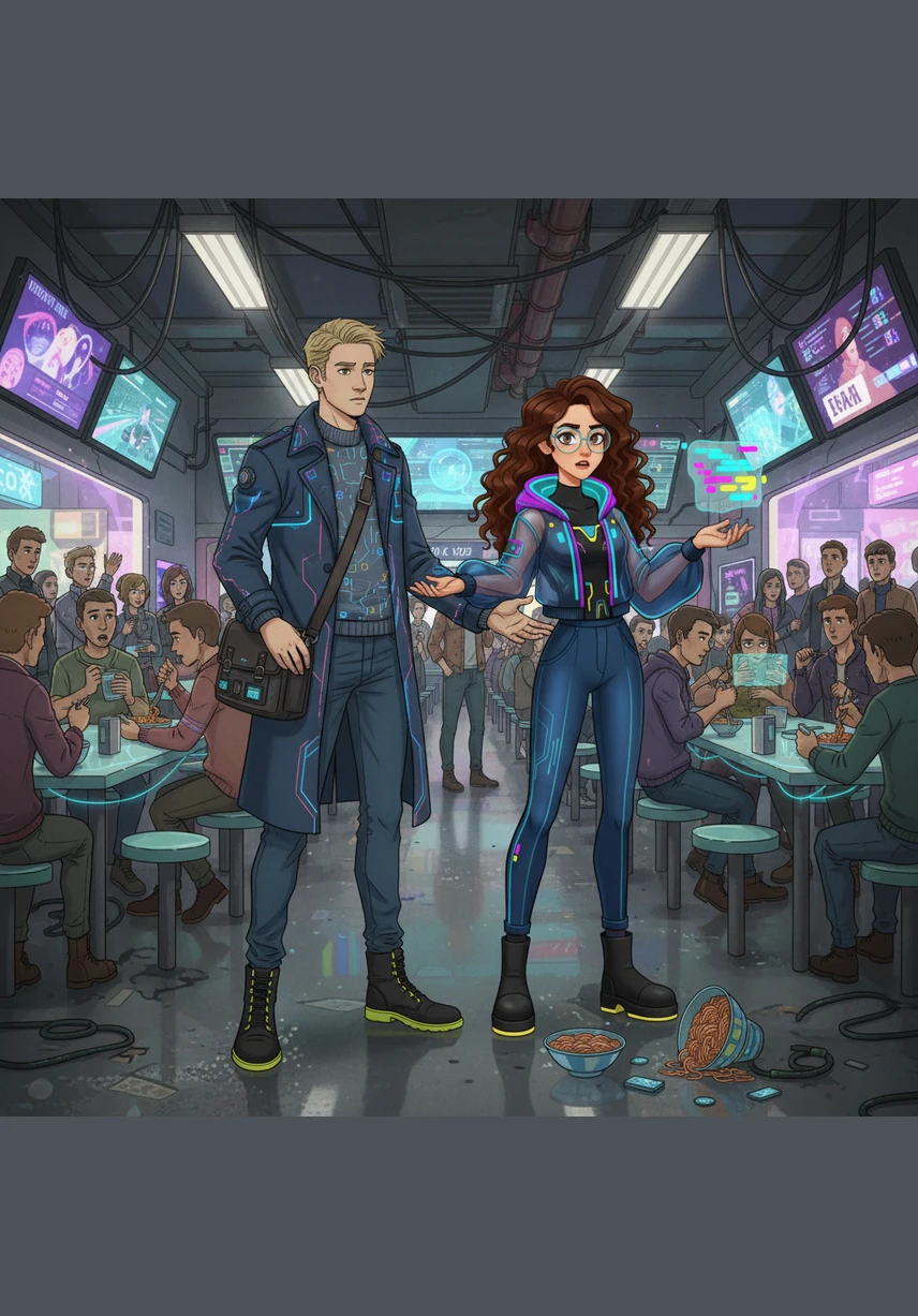 In the crowded college cafeteria, Arkadi stepped into Luiza's path, blocking her way with a casual, intimidating grace. He leaned down, his lips brushing against her ear as he murmured that she was looking especially clever today, loud enough for everyone to hear. Luiza felt the familiar sting of humiliation, her brown eyes flashing with a mix of fury and a strange, unwanted spark of electricity.