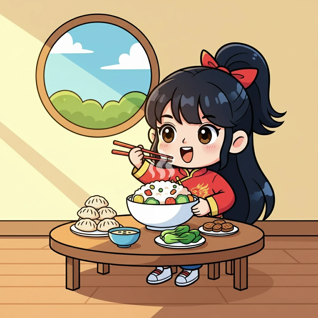 小煜是一个充满活力的小女孩，她总是充满好奇心。她最喜欢的事情就是大口吃饭，因为她知道这样可以让她变得更强壮。阳光洒在她的脸上，她开心地笑着，准备迎接新的一天。