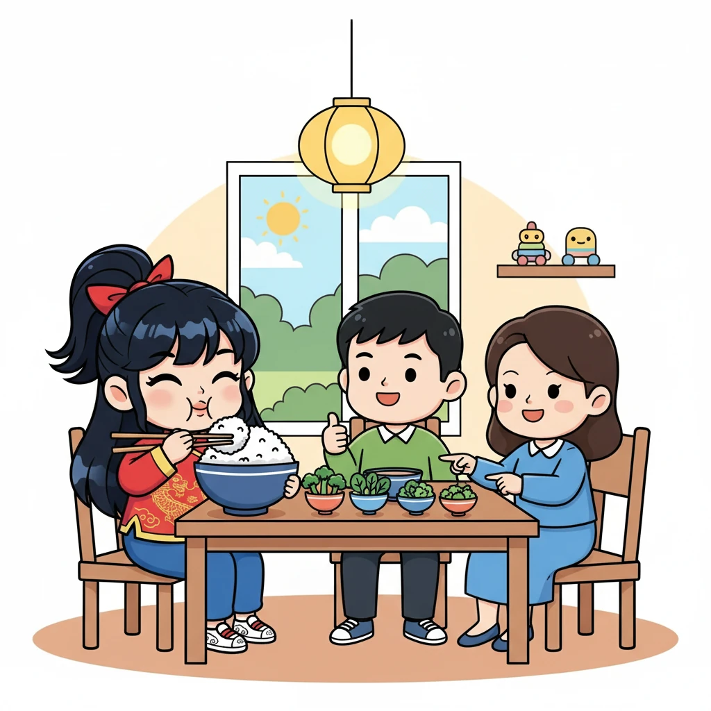 小煜的胃口特别好，一顿饭能吃掉一大碗米饭和许多蔬菜。她的父母总是鼓励她，告诉她健康的饮食对成长很重要。画面描绘了小煜狼吞虎咽地吃着饭，脸上洋溢着满足的表情。