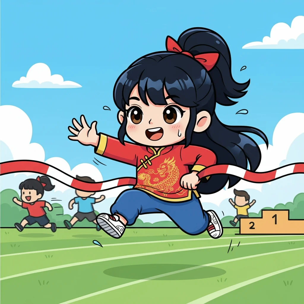 小煜的身体变得越来越强壮，她开始展现出令人惊叹的运动天赋。她参加了各种比赛，并且每次都全力以赴。画面描绘了小煜在比赛中挥洒汗水，赢得胜利的喜悦。