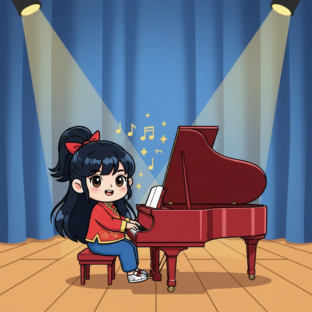 小煜在钢琴演奏上不断进步，她的音乐才华得到了认可。她参加了钢琴比赛，并获得了优异的成绩。画面描绘了小煜在舞台上充满自信地演奏钢琴。