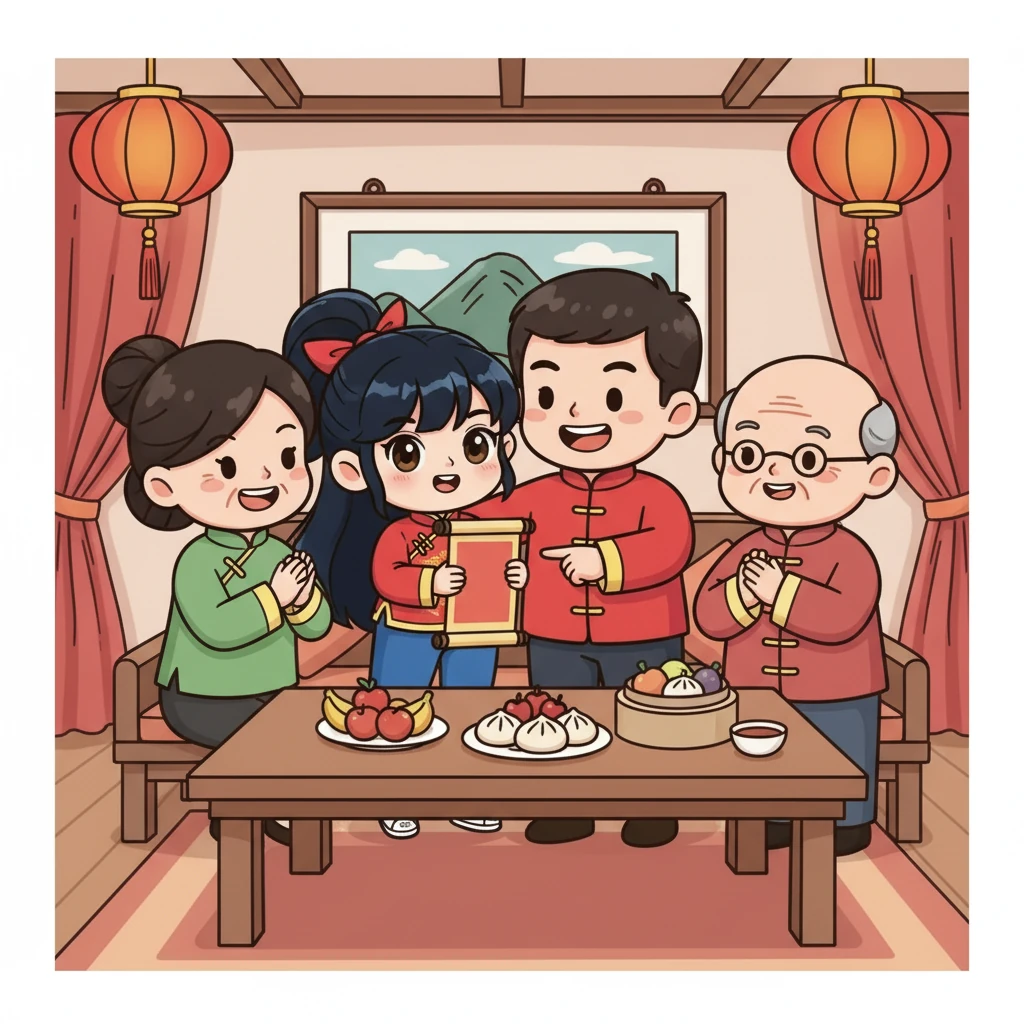 小煜和她的家人一起庆祝她的成就。他们为她感到骄傲，并支持她继续追逐梦想。画面描绘了小煜和家人温馨的团聚，脸上都洋溢着幸福的笑容。