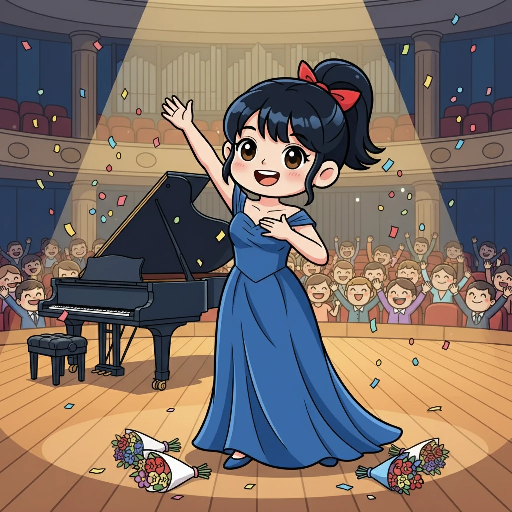 最终，小煜实现了她的梦想，她成为了一个健美的女性和杰出的钢琴家。她鼓舞了无数人，告诉大家只要努力，就能实现自己的梦想。画面描绘了小煜站在舞台上，接受鲜花和掌声。