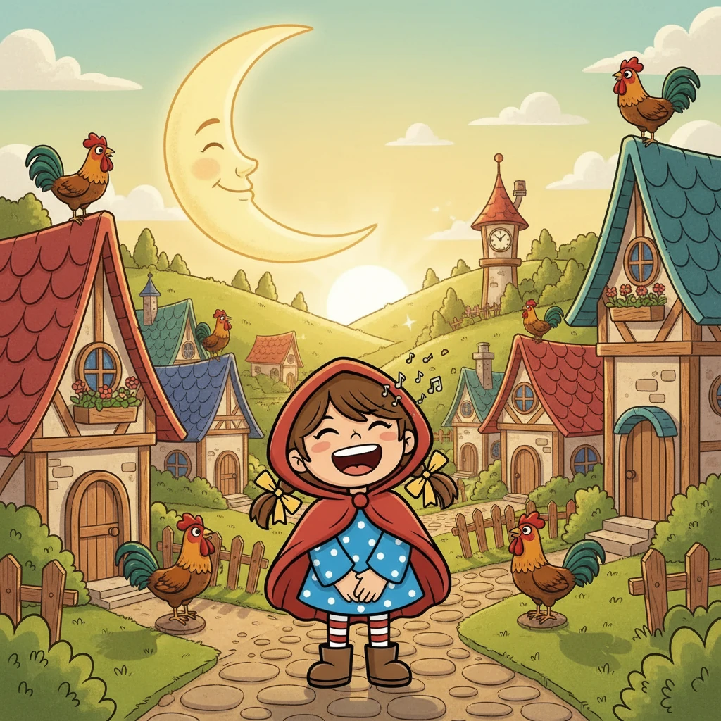 In a crescent-shaped village, nestled beneath a moon that lingered even after sunrise, lived Little Red. Her bright cinnamon cloak mirrored her vibrant spirit. She woke early, laughed often, and her laughter was said to wake the roosters before dawn.