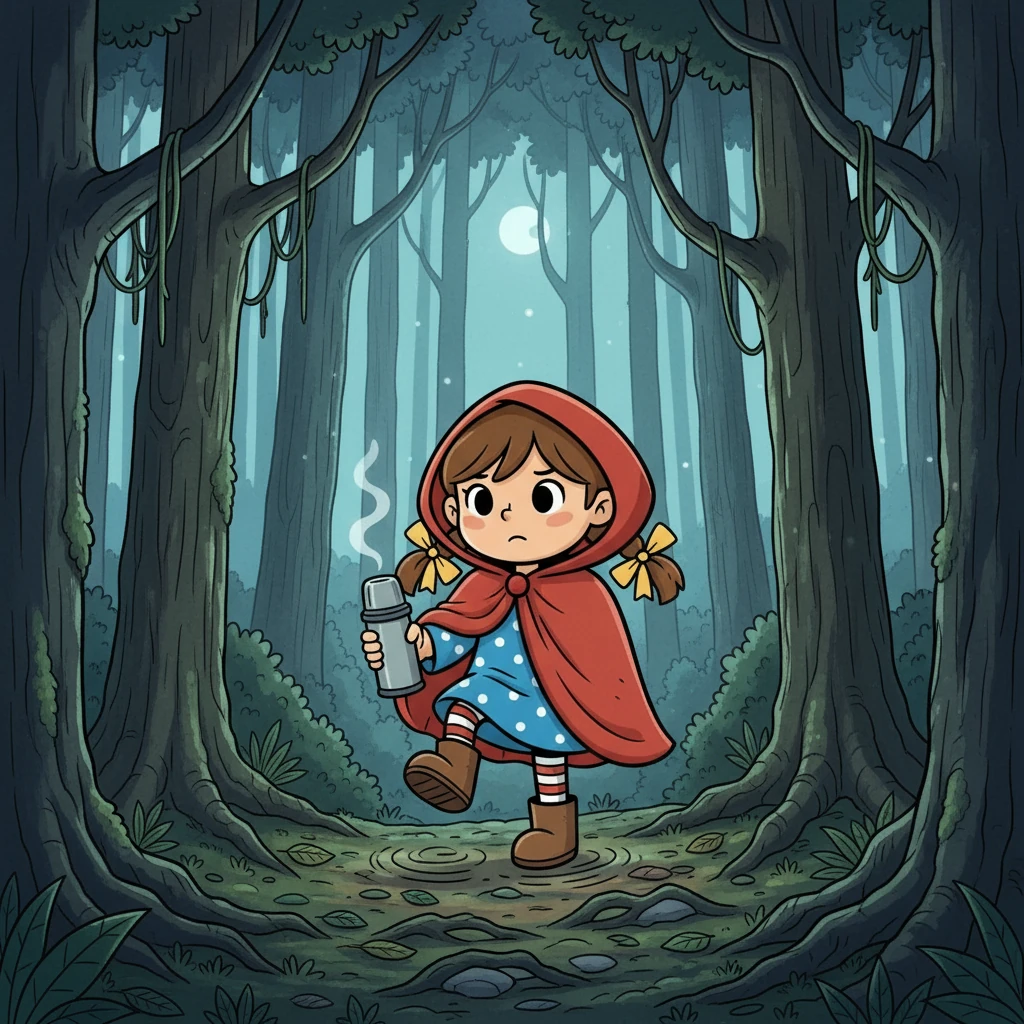 Little Red, feeling a deep instinct, wrapped herself in her cloak and ventured into the silent forest. She carried a small thermos of coffee and tapped her foot to keep courage—tung, tung, tung, soft as a heartbeat.