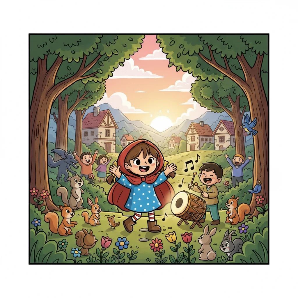 As Red danced, the forest awakened. The Wolf vanished, and the rhythm returned. The drummer boy awoke, the sahur drum beat again, and the village rejoiced. Little Red, the guardian of rhythm, had saved the dawn with her dance.