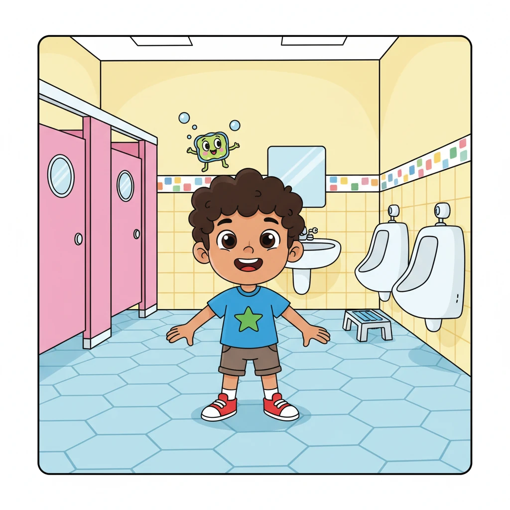 Inside the bright, clean bathroom, Leo makes sure to keep his hands, feet, and body safe. He knows that the toilets and urinals are for using the bathroom only. He keeps his feet firmly on the floor and never climbs, stands, or sits on top of them.
