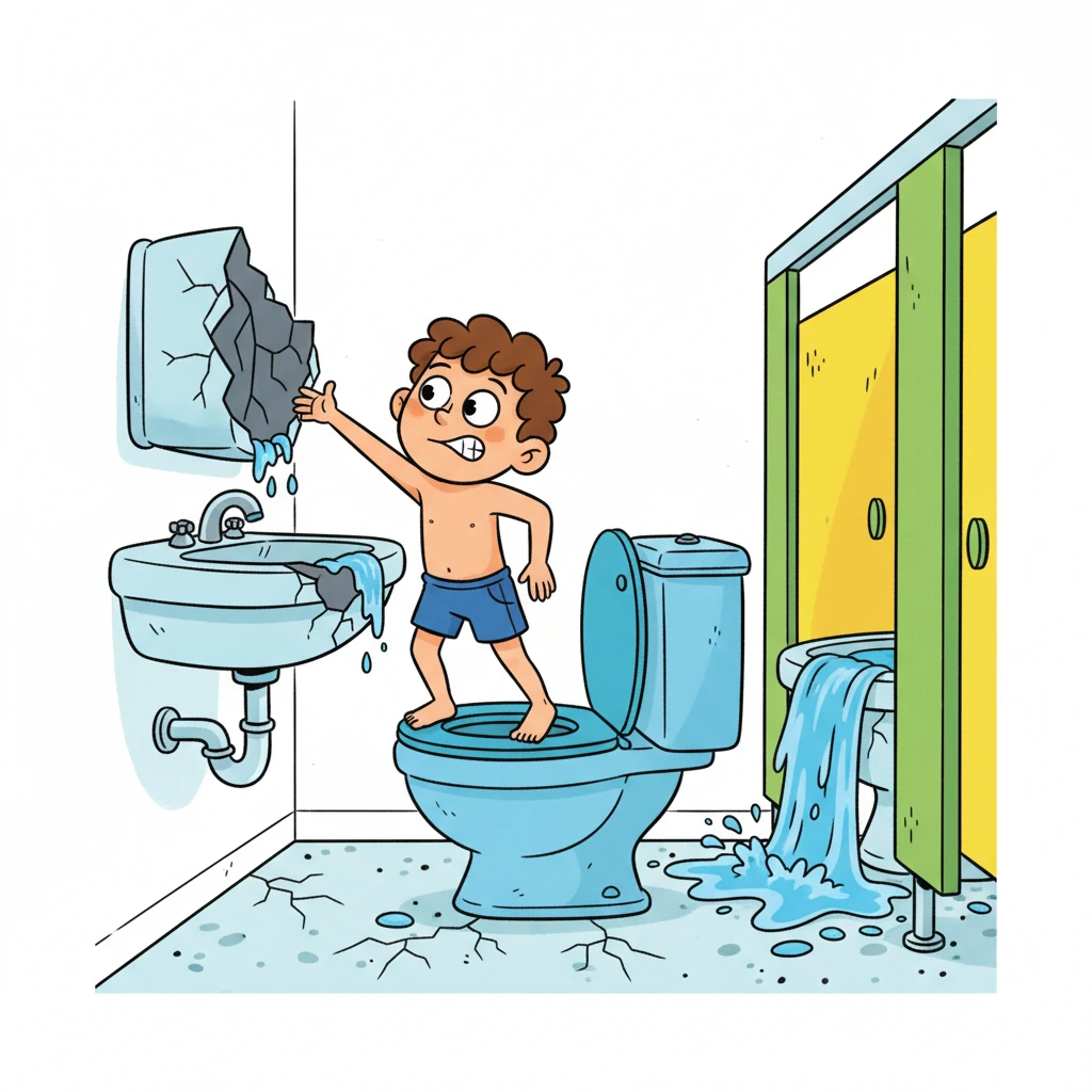 Climbing on bathroom fixtures can be very dangerous and can hurt his body. It can also break the bathroom parts, like the toilets or sinks. Broken bathrooms can cause big problems for the whole school and his friends.