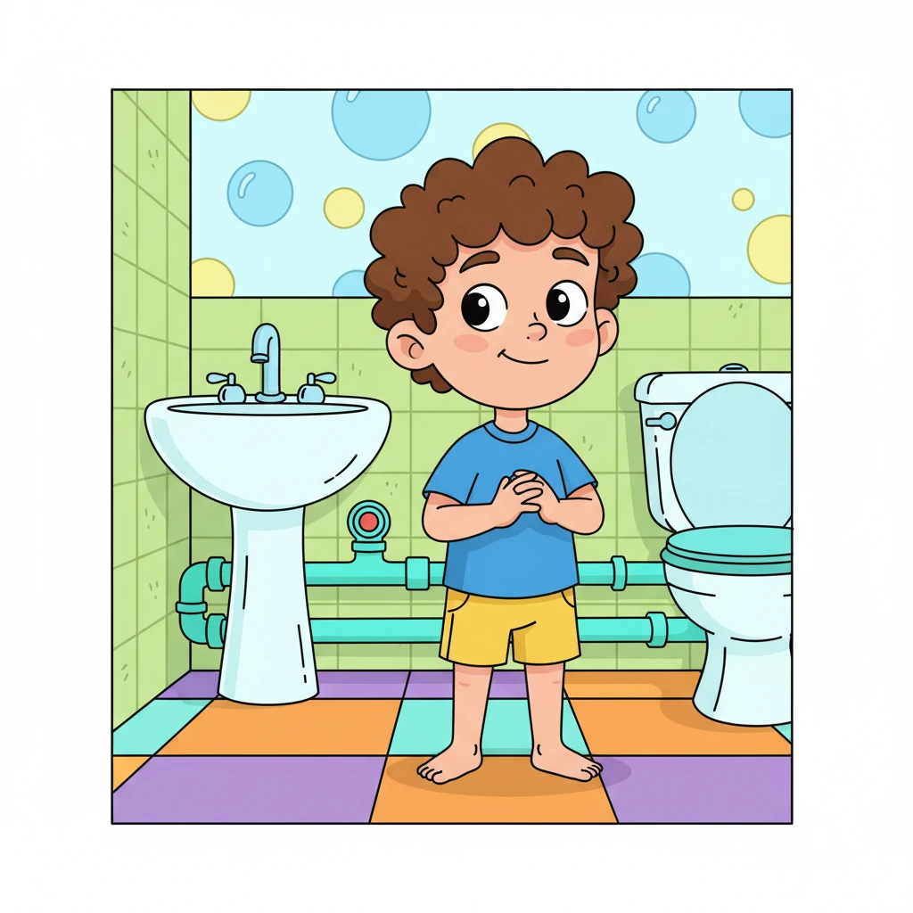 Leo understands that the pipes, sinks, toilets, and walls all help the bathroom work the right way. He keeps his hands and feet to himself to protect them. This means he does not kick pipes, hit walls, splash water, or play games in the bathroom.