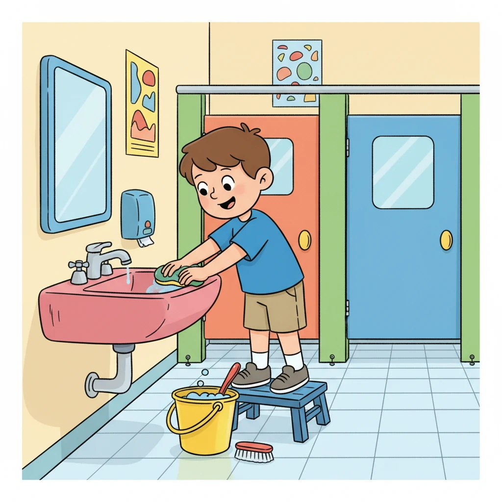 When Leo takes good care of the bathroom, it stays safe and clean for everyone to use. He helps make sure it's a pleasant place. Taking care of shared spaces is a big part of being responsible.