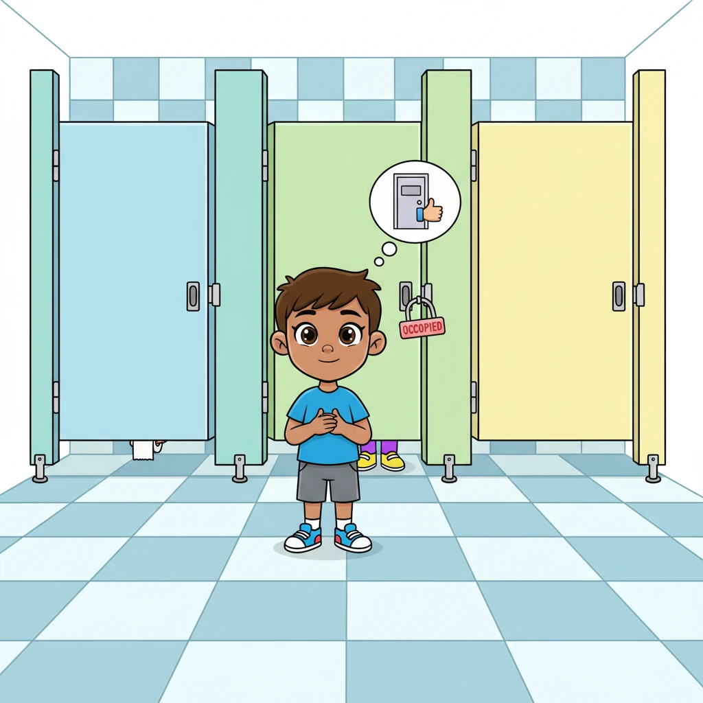 The bathroom is a private place, and Leo respects that. He always gives others space when they are using a stall. He knows it is not kind to look under or over stalls, or to open or lock doors when someone else is inside.