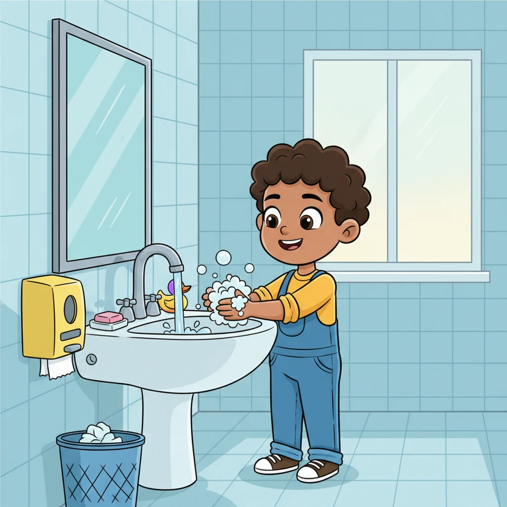 After using the bathroom, Leo always washes his hands thoroughly. He turns on the water, uses plenty of soap, and scrubs his hands all over. Then he rinses away the suds, dries his hands with a paper towel, and throws the towel in the trash.