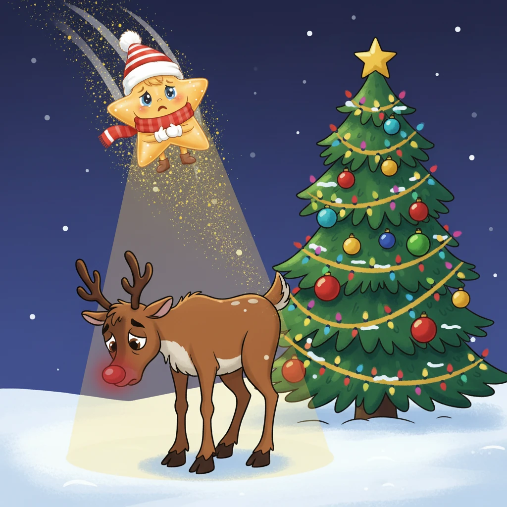 Twinkle, worried, zipped down from the frosty sky like a tiny shooting star. It hovered gently beside the tall tree, its little light flickering with concern. "What's wrong, Rudolph?" Twinkle asked, its voice soft and kind.