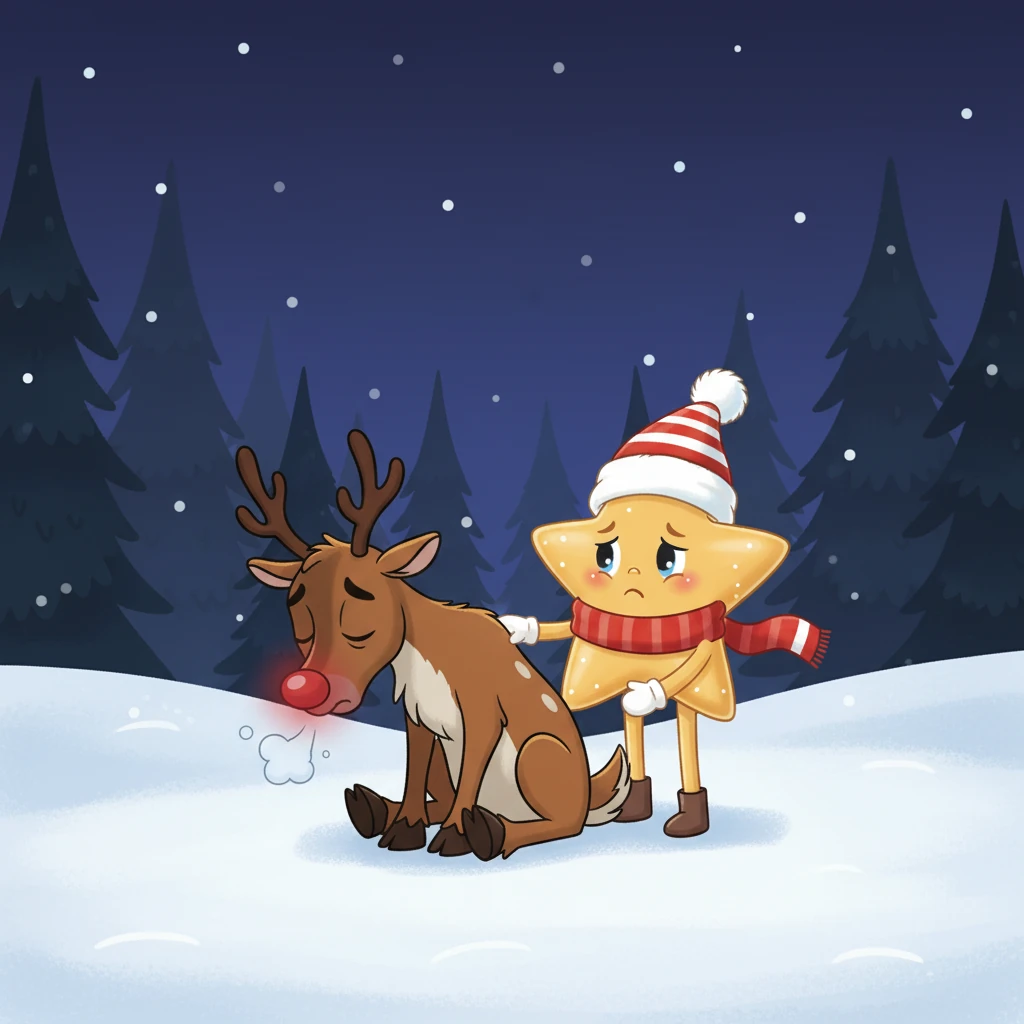 Rudolph sighed, a puff of white air in the cold night. "I've lost my joy," he mumbled, his antlers drooping. "And without joy, my nose can't shine to guide Santa's sleigh tonight."